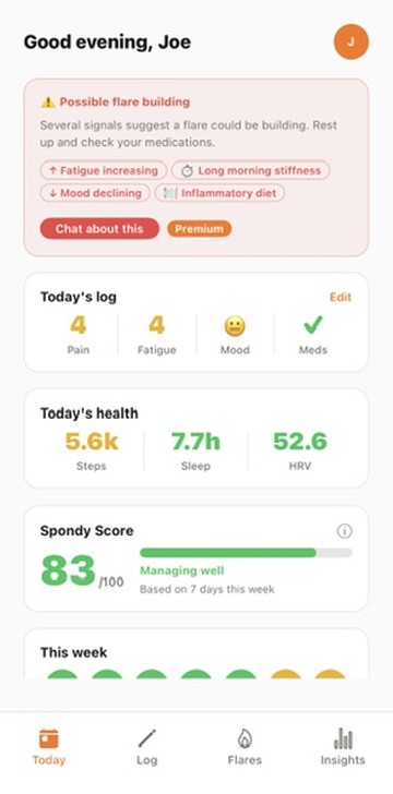 Spondy app showing today's symptoms, Spondy Score, and a flare warning